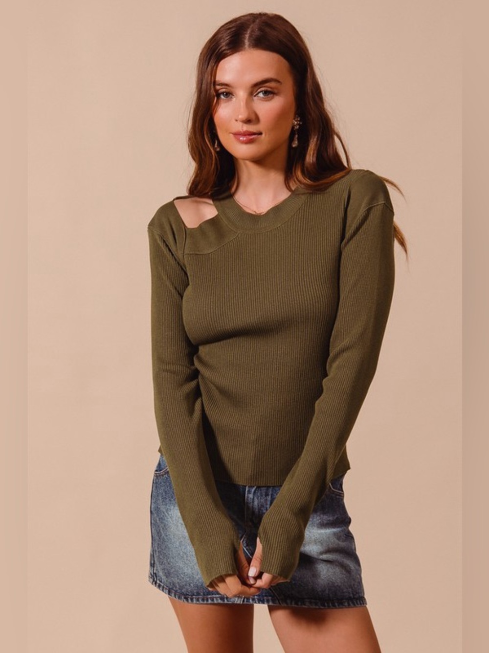 SO ME Rib Knit Top with Shoulder Cut Out